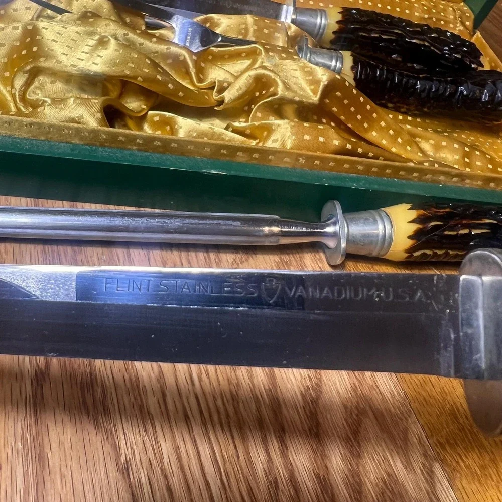 VTG Flint Stainless Vanadium USA Carving Set Faux Stag Handles Sharpener w case